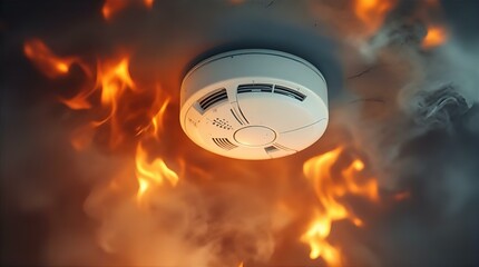 A Smoke Alarm in a Fiery Blaze: A Dramatic Close-Up of a Ceiling-Mounted Smoke Detector Surrounded by Intense Flames and Thick Smoke