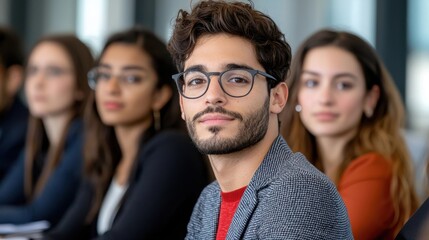 Obraz premium Portrait of a diverse group of young professional business executives or colleagues in a modern office setting showcasing a confident and collaborative team dynamic focused on growth success