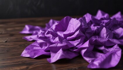 Purple tissue paper scattered on a dark wooden surface with creases and folds , marks, crumpled, texture
