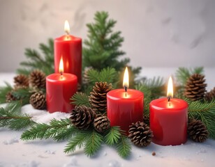 Red candles with evergreen branches and pinecones on a snowy white surface, natural elements, Christmas decor