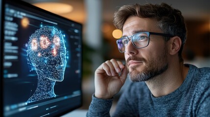 Digital rendering depicting a futuristic intelligence brain with holographic data visualizations representing the power of technology innovation and scientific research in the digital age