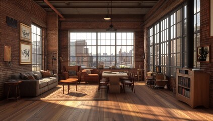Sunlit loft apartment with exposed brick walls, large windows offering city view, wooden floors, comfortable furniture, and stylish decor.