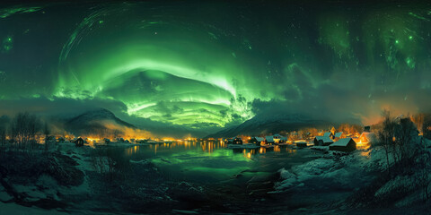 Obraz premium photo panorama of northern lights over norwegian village, sky, snow, north, aurora, landscape