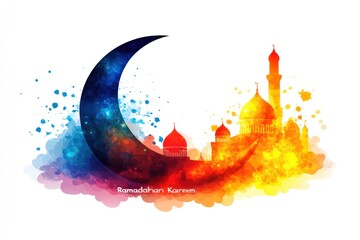 Colorful watercolor crescent moon and mosque illustration for Ramadan Kareem.