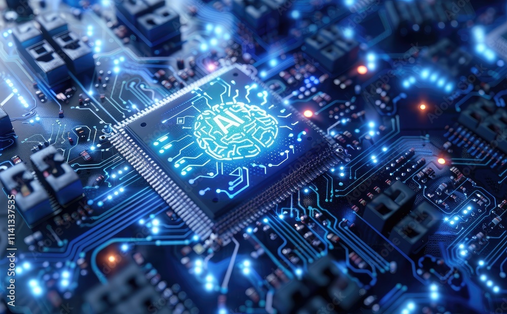 Poster A glowing AI chip with a brain icon and blue circuit patterns, symbolizing artificial intelligence, machine learning, and futuristic technology