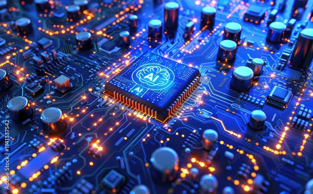 Aufkleber A blue circuit board featuring a glowing AI chip with a brain icon, surrounded by microcontrollers and chips. The dark background enhances the futuristic and artificial intelligence theme