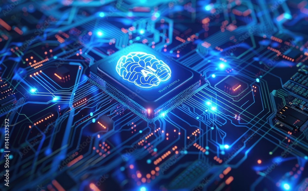 Poster ai chip with a glowing brain icon surrounded by intricate blue circuit lines, representing artificia