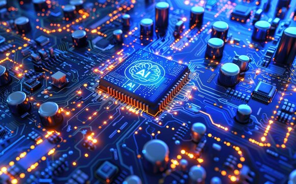 A blue circuit board featuring a glowing AI chip with a brain icon, surrounded by microcontrollers and chips. The dark background enhances the futuristic and artificial intelligence theme