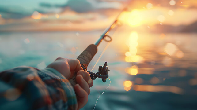 Hands of Man Holding Fishing Rod in Urp Plan on Outdoors

