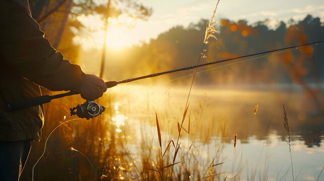 Man Holding Fishing Rod with Hands in Urp Plan

