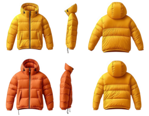 two puffer jackets. one yellow and one orange. are shown in four views front. side. back. and three-quarter view the jackets have a zipper closure. a hood. and long sleeves