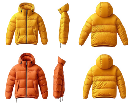 two puffer jackets. one yellow and one orange. are shown in four views front. side. back. and three-quarter view the jackets have a zipper closure. a hood. and long sleeves