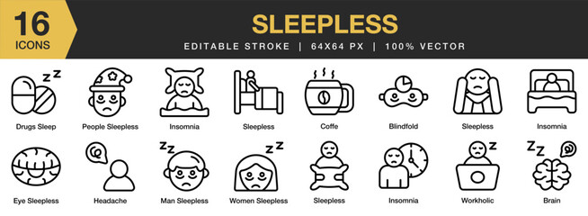Sleepless icon set. Editable Stroke Icon Collection. Includes insomnia, sleepless, stress, night, anxiety, and More. Outline icons vector collection.