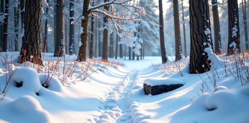 Snow-covered forest floor with a single stepping stone, snowdrifts, bare branches