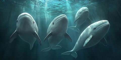 Beluga Whales Pod Underwater Arctic Ocean Wildlife Scene