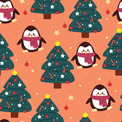 Naklejka premium seamless pattern cartoon penguin with christmas tree. cute christmas wallpaper for fabric print, gift wrap paper