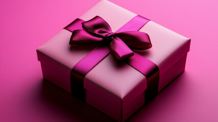 Obraz premium Top view of a pink gift box with a cute fuchsia bow