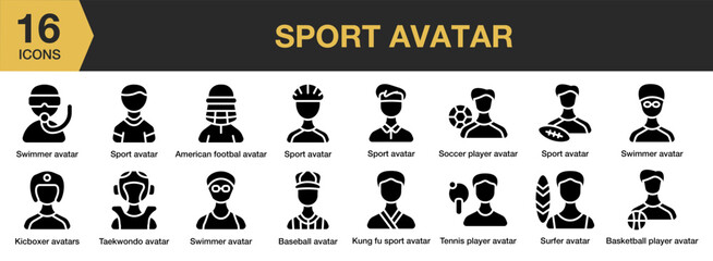 Sport Avatar solid icon set. Includes game, athlete, exercise, activity, leisure, player, and More. Solid icons vector collection.
