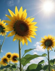 Sunflower with long stem and large yellow petals against a clear blue sky, grass, flowers, sunflowers