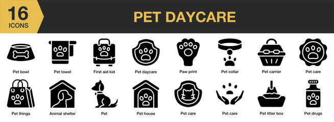 Pet Daycare solid icon set. Includes daycare, breed, toys, puppy, mammal, and More. Solid icons vector collection.