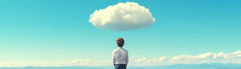 Fototapeta premium A person gazing at a solitary cloud in a serene blue sky.