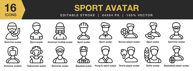 Sport Avatar icon set. Editable Stroke Icon Collection. Includes sport, avatar, person, character, game, athlete, and More. Outline icons vector collection.