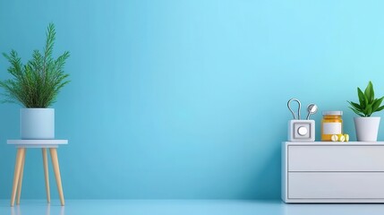 Cozy and minimalist home office interior with green plant decor wooden furniture and modern accessories arranged in a stylish and organized manner on a turquoise wall background