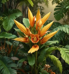 Obraz premium Vibrant banana flower bouquet with orange and yellow hues against a lush green backdrop of leaves, yellow, orange