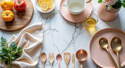 Elegant Table Setting with Organic Food and Kitchen Utensils on Marble Surface, Featuring Fresh Ingredients and Floral Arrangement.