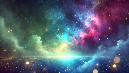 Naklejka premium A cosmic background of deep blues and purples with bright specks of stardust, fading into lighter hues of green and yellow