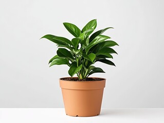 Obraz premium A vibrant green indoor plant in a terracotta pot on a modern surface.