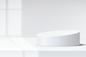 Abstract 3D empty white round podium and window light blur on white wall. Display realistic element geometric blank stage for displaying products, cosmetic presentation, showcase, exhibition. Vector
