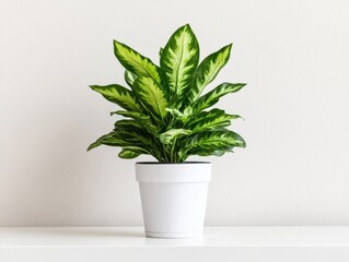 A vibrant green plant in a white pot on a clean surface.