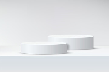 Abstract 3D empty white round podium on white studio. Display mockup scene realistic element geometric blank stage for product pedestal, cosmetic stand, showcase, exhibition, fashion stage. Vector
