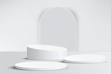 Abstract 3D empty white round podium on white studio. Display mockup scene realistic element geometric blank stage for product pedestal, cosmetic stand, showcase, exhibition, fashion stage. Vector
