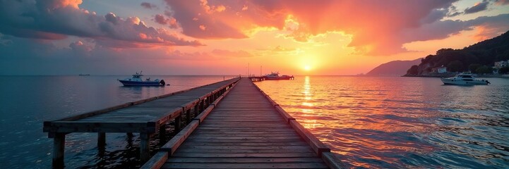 Obraz premium Wooden pier on Italian coast with boats at sunset, pier, water, sky