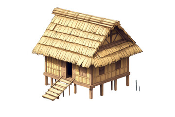 Isometric Thatched House with Wooden Walls and Mud Roof