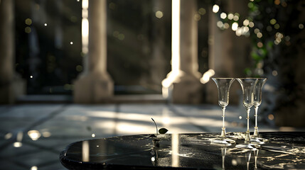 Naklejka premium Dark Marble Table with Wine Glass Set for Elegant Dinner Setup