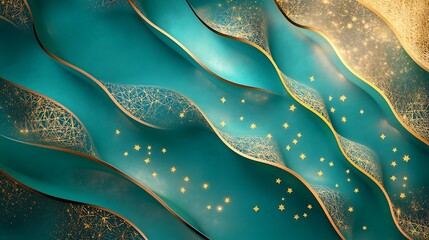 Abstract Teal Gold Wave Design With Stars