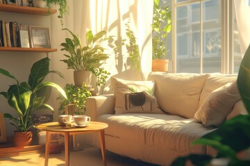 Naklejka premium Sunlit living room with sofa, plants, and coffee cups on a side table.