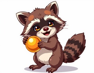 Obraz premium A mischievous raccoon gazes to the right, clutching an orange coin in its paws against a bright white backdrop