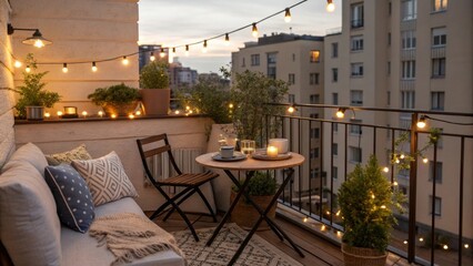A picturesque scene unfolds on the balcony with a miniature table set between comfy seating where small potted plants add a splash of greenery illuminated by cascading fairy lights