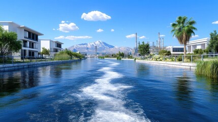 Fototapeta premium Scenic view of a river with mountains and modern buildings.