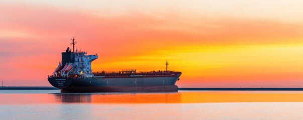 Naklejka premium Cargo ship sailing at sunset, reflecting vibrant colors on water.