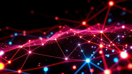 Obraz premium Abstract Network: A captivating digital art piece depicting a vibrant and dynamic network of interconnected nodes, representing the complex relationships and connections within a digital landscape.