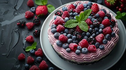 Delicious berry cheesecake with fresh raspberries, blueberries, blackberries, and mint.