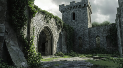 Fototapeta premium The courtyard of an Irish castle with stone arches and towers, overgrown greenery around the walls