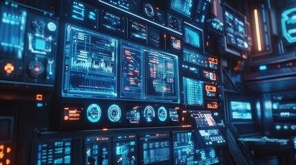 A densely packed control panel filled with blinking lights and data screens showing various parameters being monitored and adjusted in real time to enhance manufacturing efficiency.