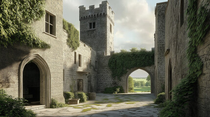 Fototapeta premium The courtyard of an Irish castle with stone arches and towers, overgrown greenery around the walls