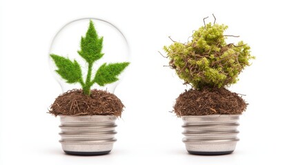 Fototapeta premium Two light bulbs, one with green leaves, symbolize eco-friendliness and sustainability, while the other features moss, representing natural growth.